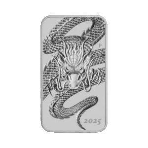 1 troy ounce zilveren Rectangular Dragon muntbaar 2025 voorkant