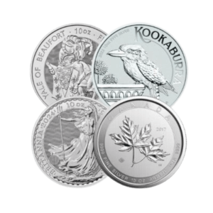 10 troy ounce zilveren muntenmix voorkant