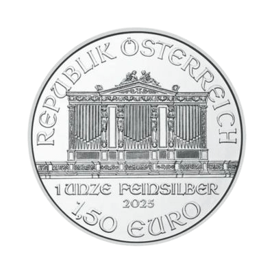 1 troy ounce zilveren Philharmoniker munt 2025 achterkant
