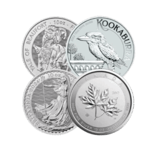 5 troy ounce zilveren muntenmix voorkant
